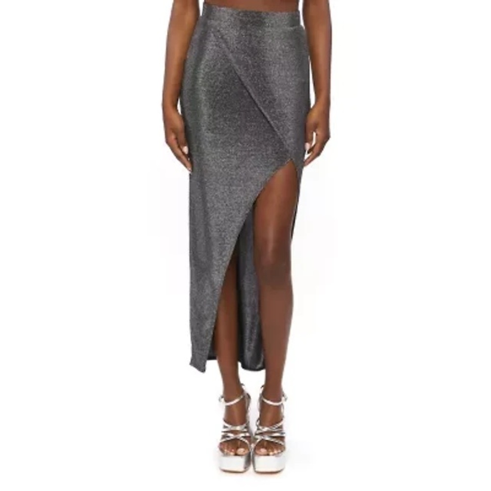 Forever 21 Metallic Wrap Maxi Skirt Silver High Slit Shimmer Party XS Stretch